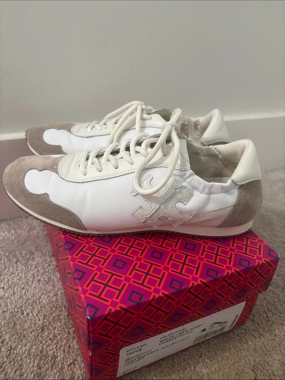 Tory Burch White and Beige Suede-Trim Lace-Up Sneakers